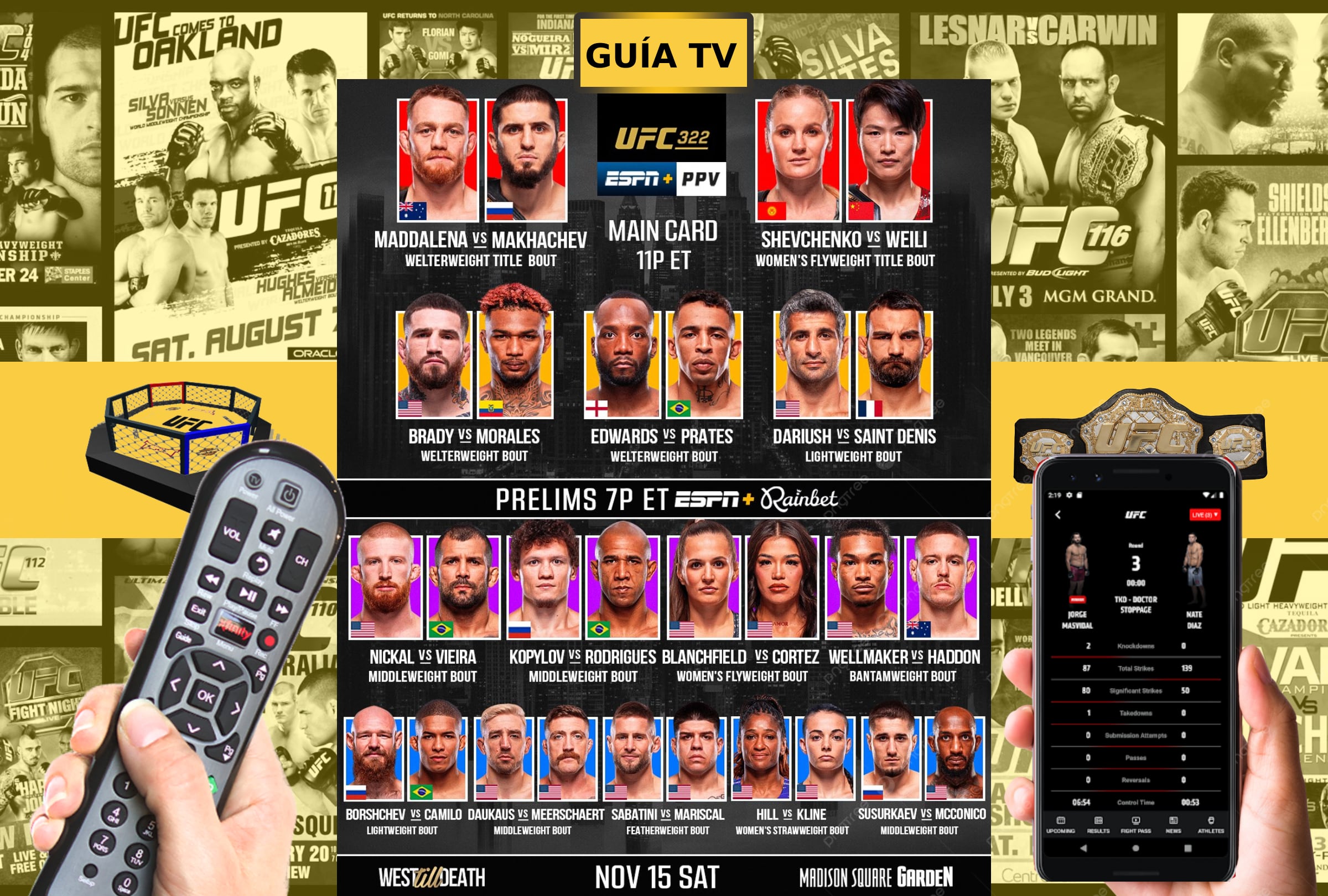 Affiche du combat entre Jack Della Maddalena et Islam Makhachev pour l'UFC 322, qui se déroulera le 15 novembre 2025 au Madison Square Garden de New York.