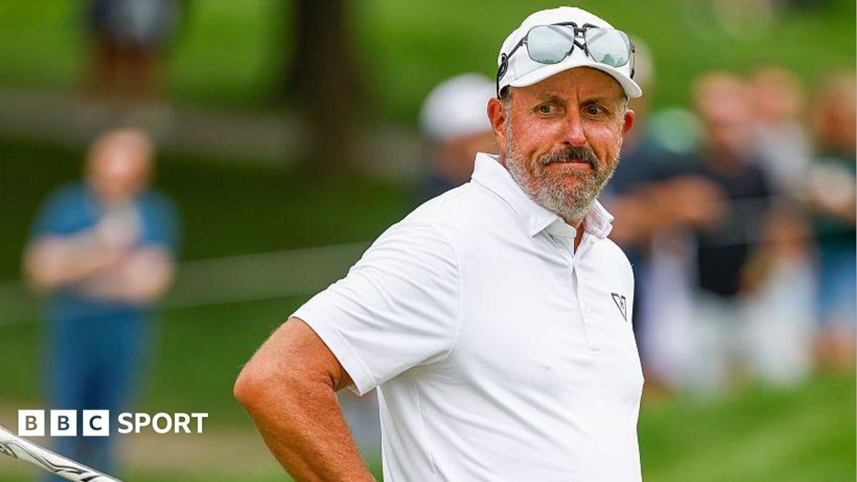 Phil Mickleson of LIV team HyFlyers GC reacts to his missed putt on the 16th green during LIV Michigan at The Cardinal at Saint John's