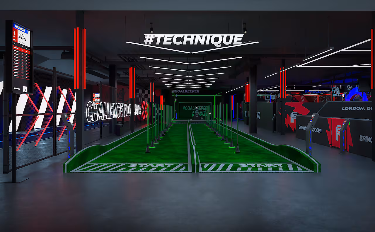 Rendu 3D d'un parcours d'entraînement de football à l'intérieur de la future installation Footlab London.