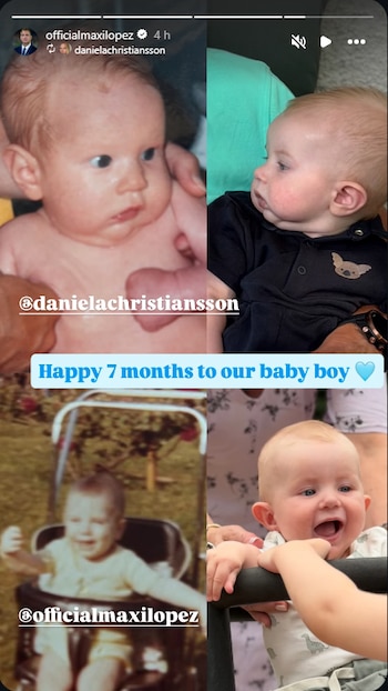 Quatre photos d'un bébé: visages, en voiture et en chaise. Inclut un texte 'Happy 7 months to our baby'