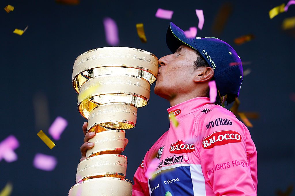 Nairo Quintana celebrates the win at the 2014 Giro d'Italia