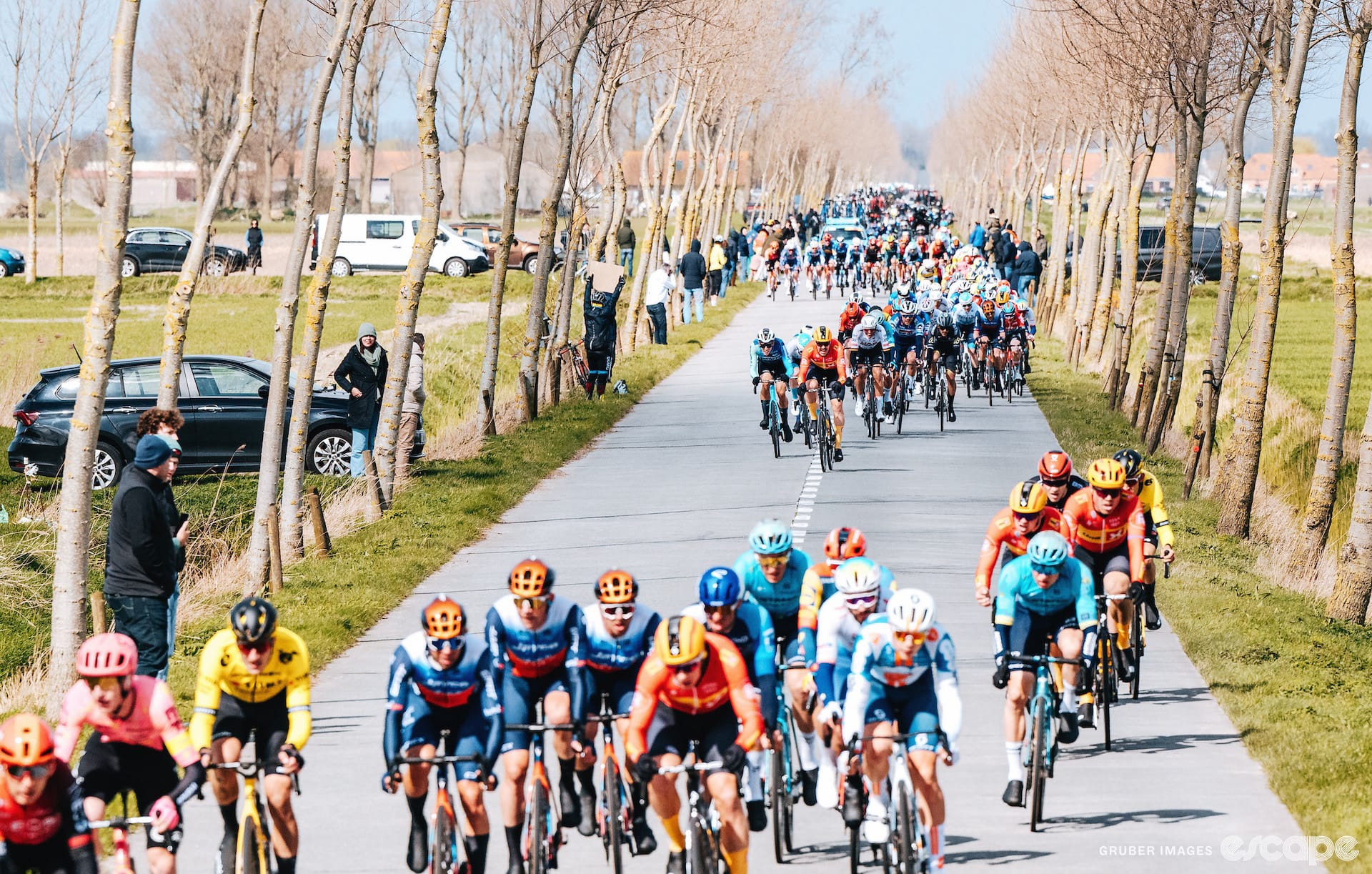 Le peloton se divise en échelons lors de Gent-Wevelgem 2025